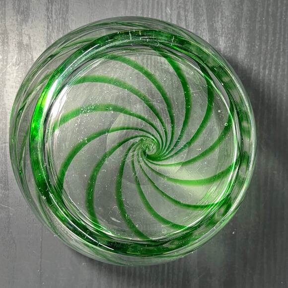 Emerald Green Clear Swirl Hand Blown Glass Serving Art Deco Bowl - Picture 4 of 6